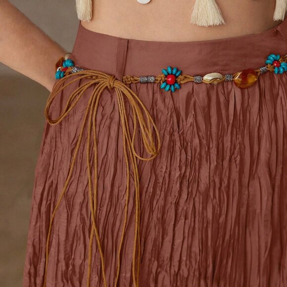 Orange Elegant Women's Premium High Waist Plisse Maxi Skirt - Picture 5 of 7